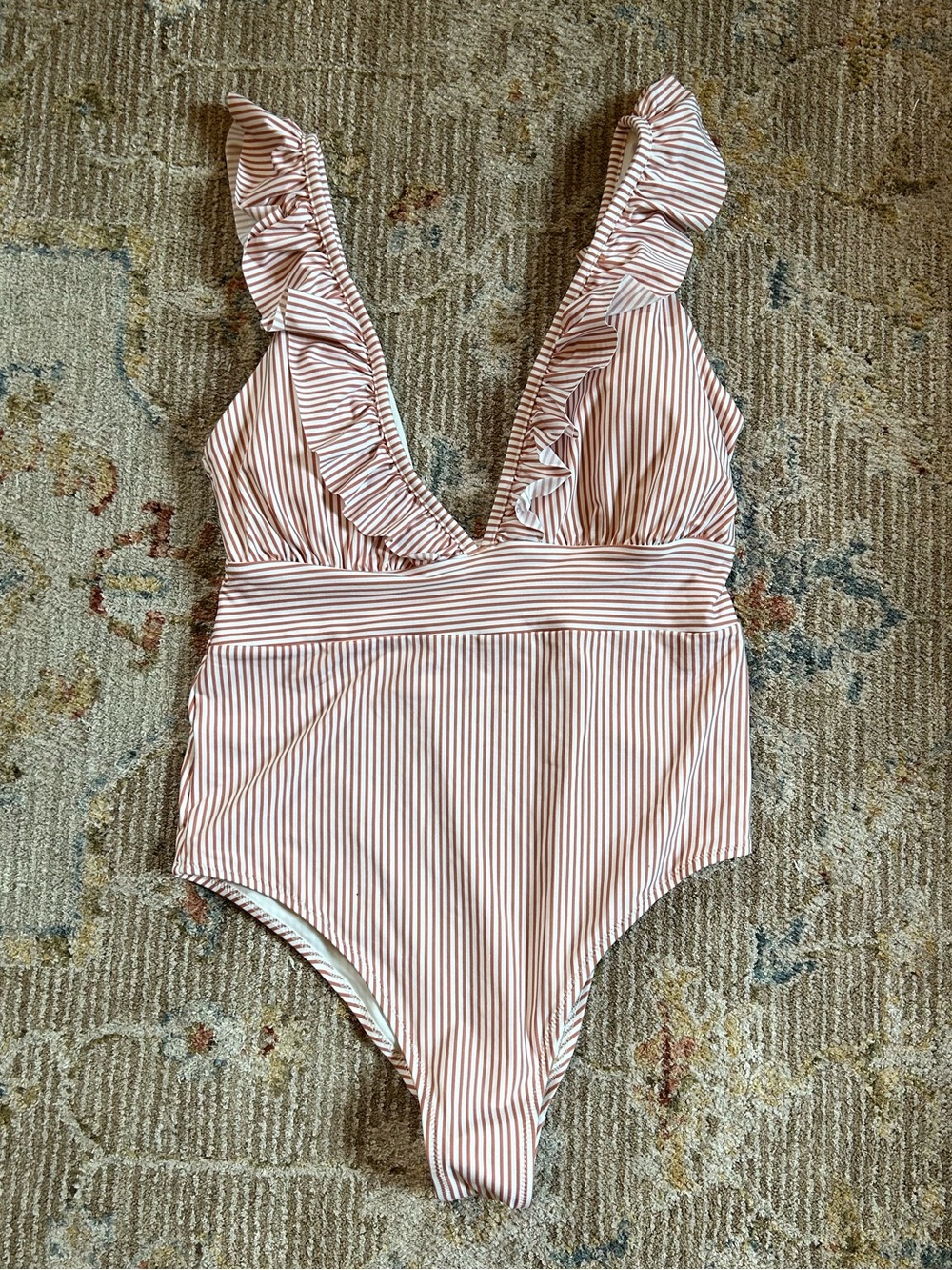 Brand New Striped Ruffle One-Piece Swimsuit - Blush & White